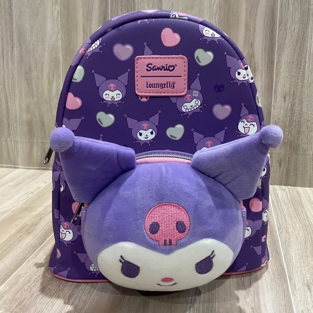 Loungefly Sanrio Kuromi Plush 3D Mini Backpack Purple Heart‎ All Over Print NEW - Picture 2 of 4